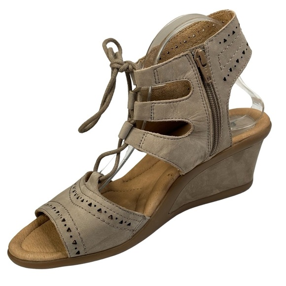 earth Taupe Beige Leather Suede Boho Open Toe Lace 2.5” Wedge Bootie Size 9.5 W - Picture 2 of 9